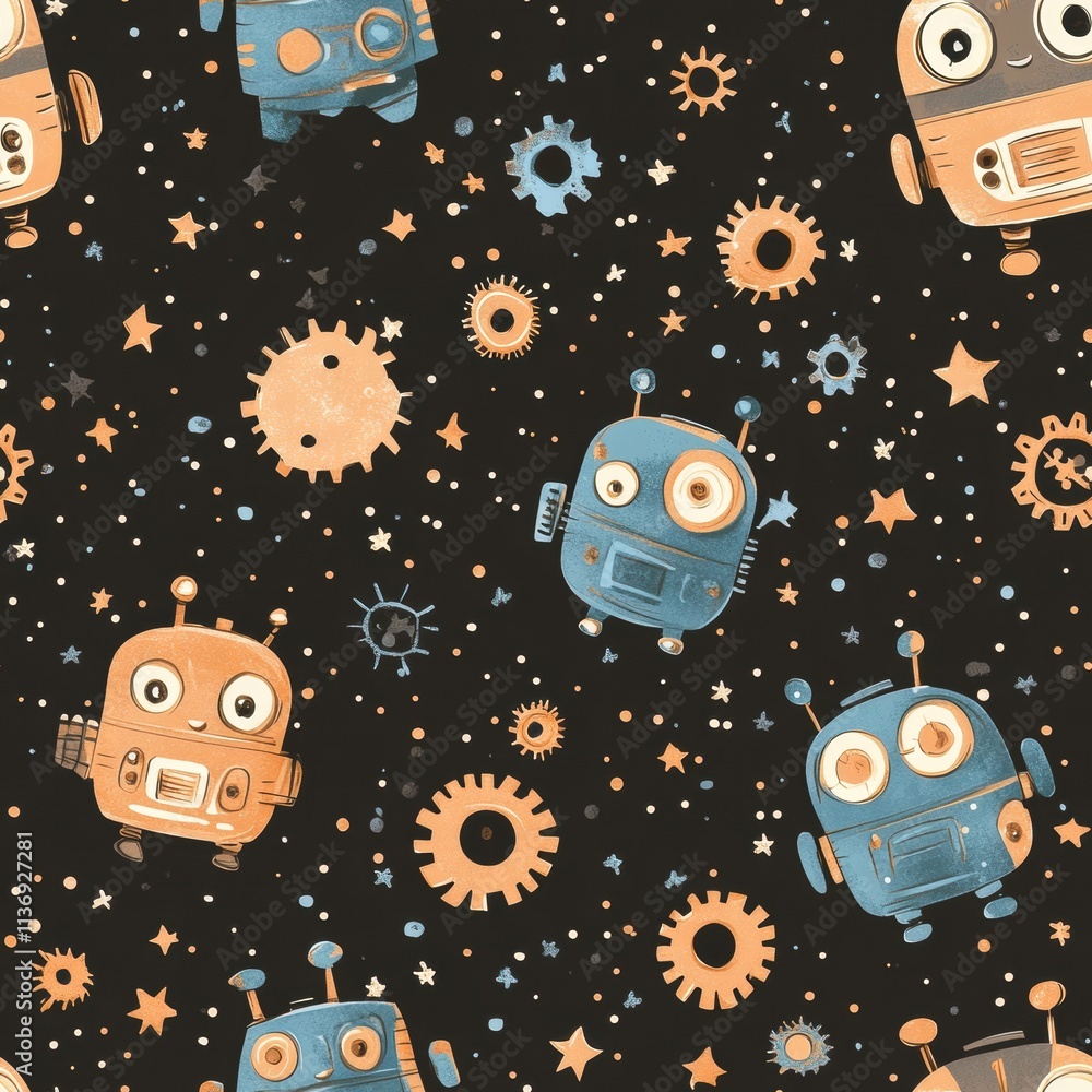 Aufkleber colorful robots and adorable gears float amidst a starry expanse, forming a delightful seamless patt