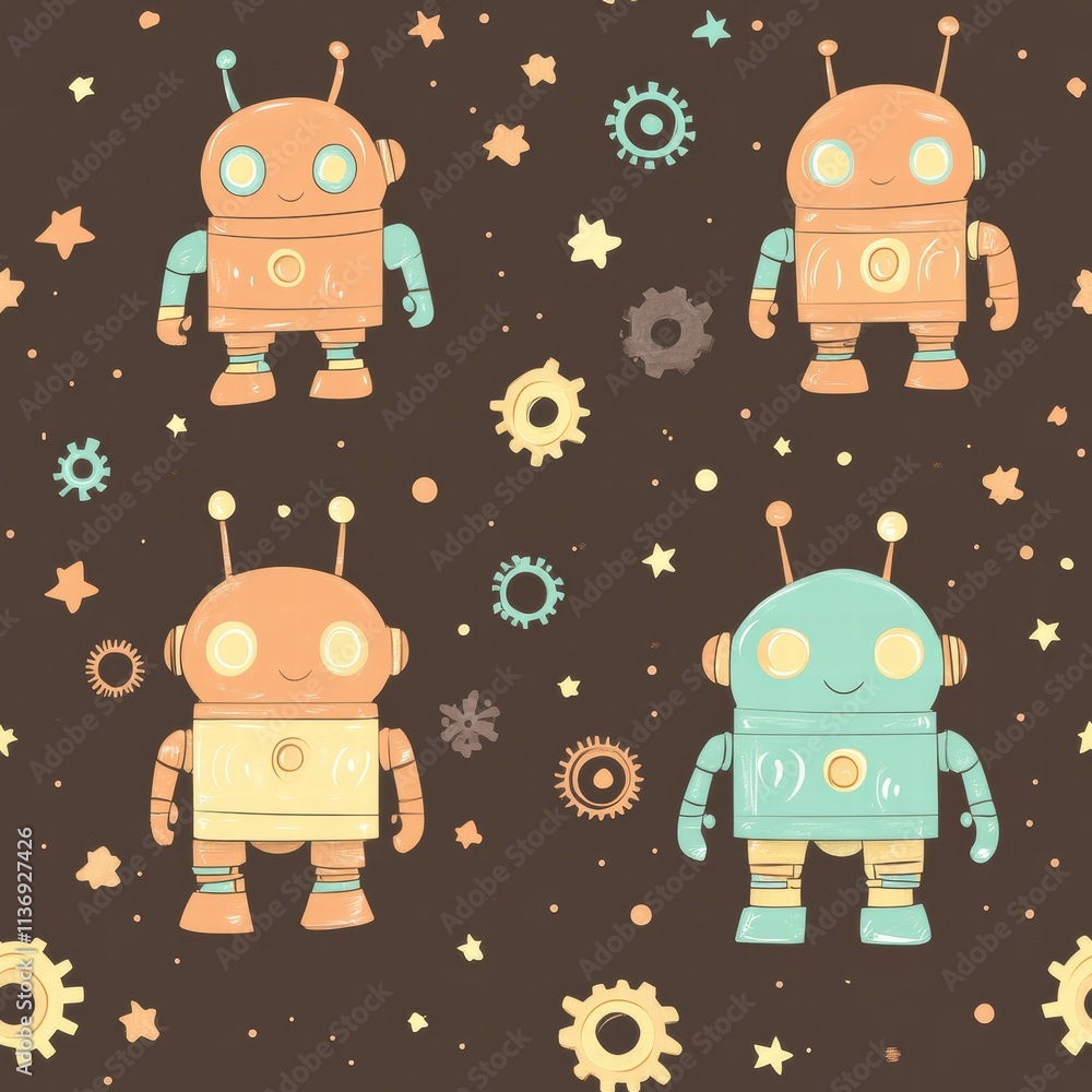 Aufkleber colorful robots explore a universe filled with stars and gears, creating a playful atmosphere perfec