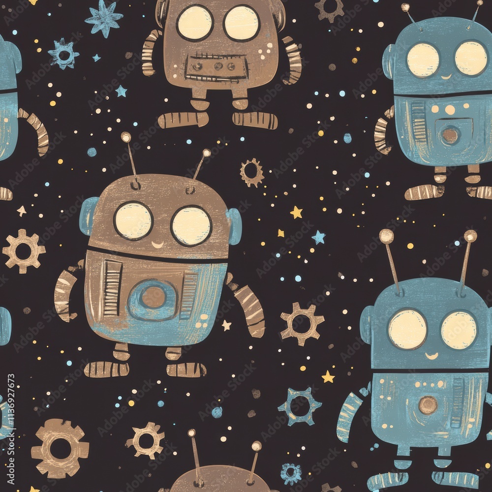 Aufkleber this delightful design features charming robots surrounded by a universe of gears and stars, capturi