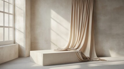 Beige podium with fabric drape, ideal for branding, exhibitions, and product presentations in a minimal scene 