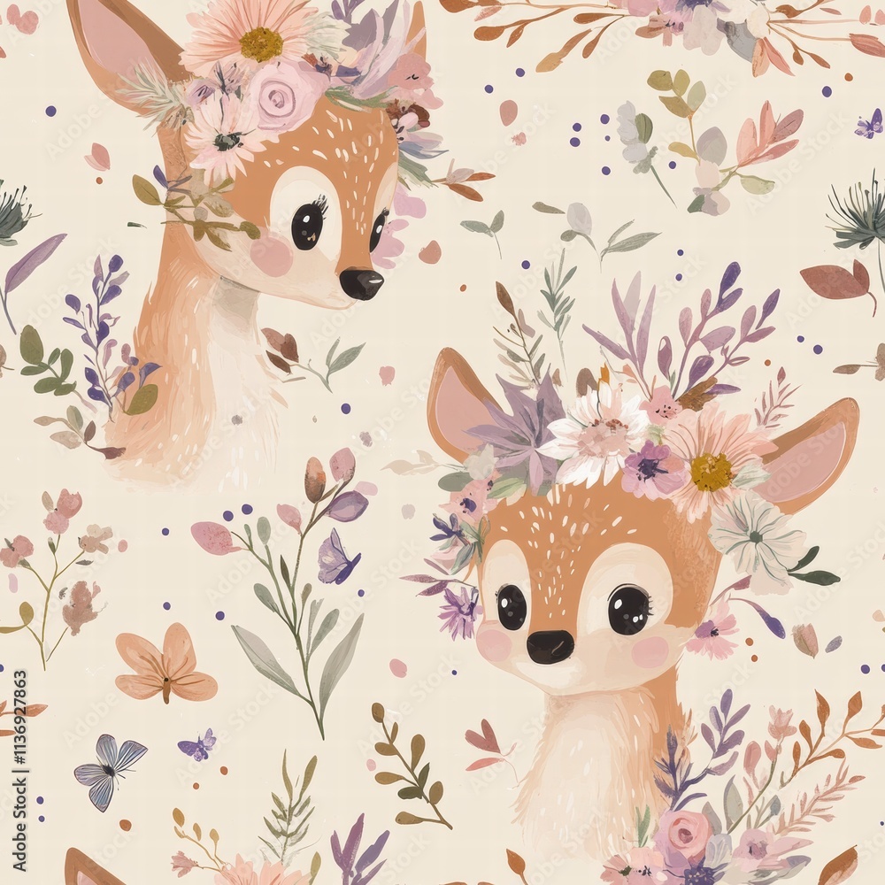Poster captivating design portrays charming deer adorned with floral crowns surrounded by delicate blooms, 