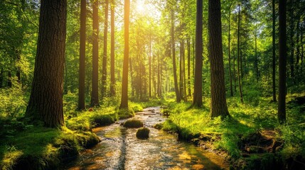 Fototapeta premium Sunlit forest with tall trees and lush greenery, creating a peaceful atmosphere.