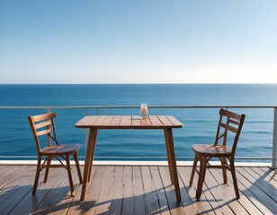 Fototapeta premium A wooden table and chairs on a balcony overlooking a calm blue ocean with a clear sky in the background