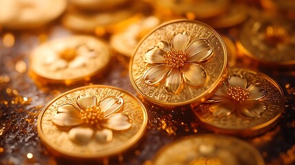 A Group of Gold Coins with Flowers on Them for Chinese New Year
