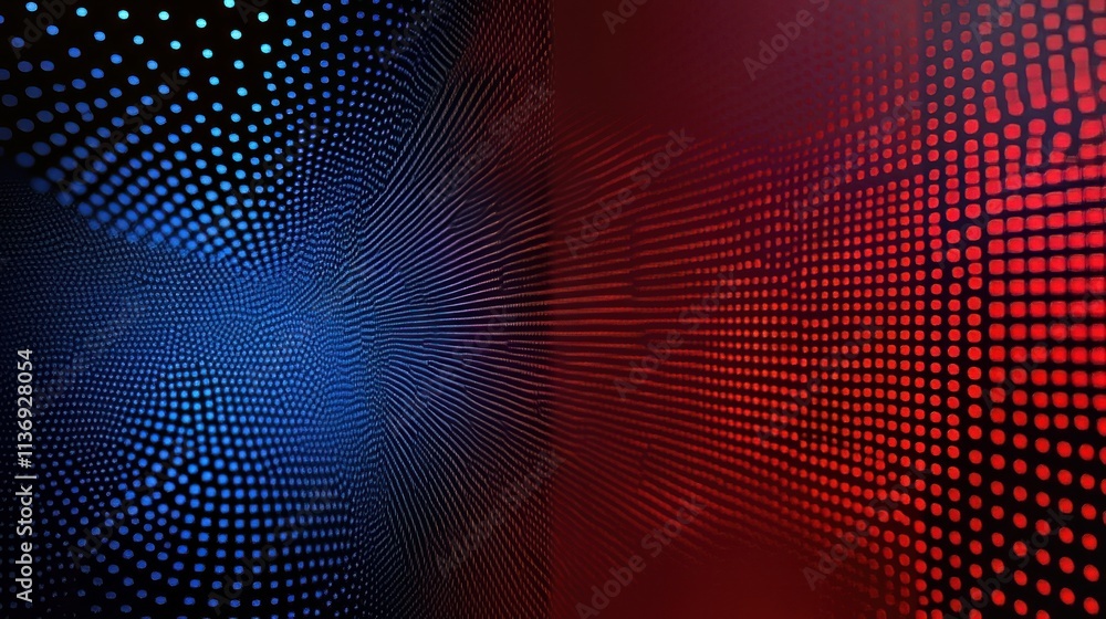 Poster technology background featuring abstract red and blue dot particle grids.