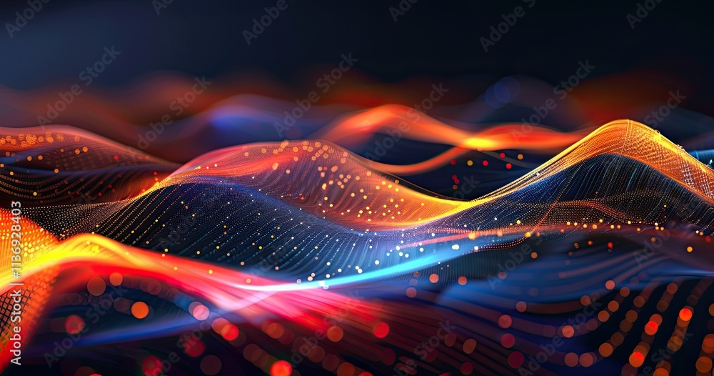 Poster abstract waves of light and color create a dynamic, digital landscape.