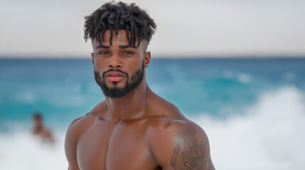 Confident young man at serene beach with waves in the background