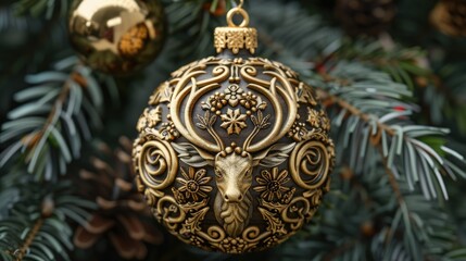 Ornate Christmas ornament featuring a deer design, hanging among evergreen branches.