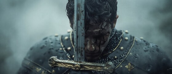 knight dressed in metal clothes, with sword and horse