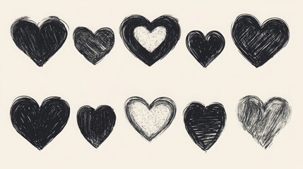 Hand-drawn black hearts icon set; vector illustration for diverse uses
