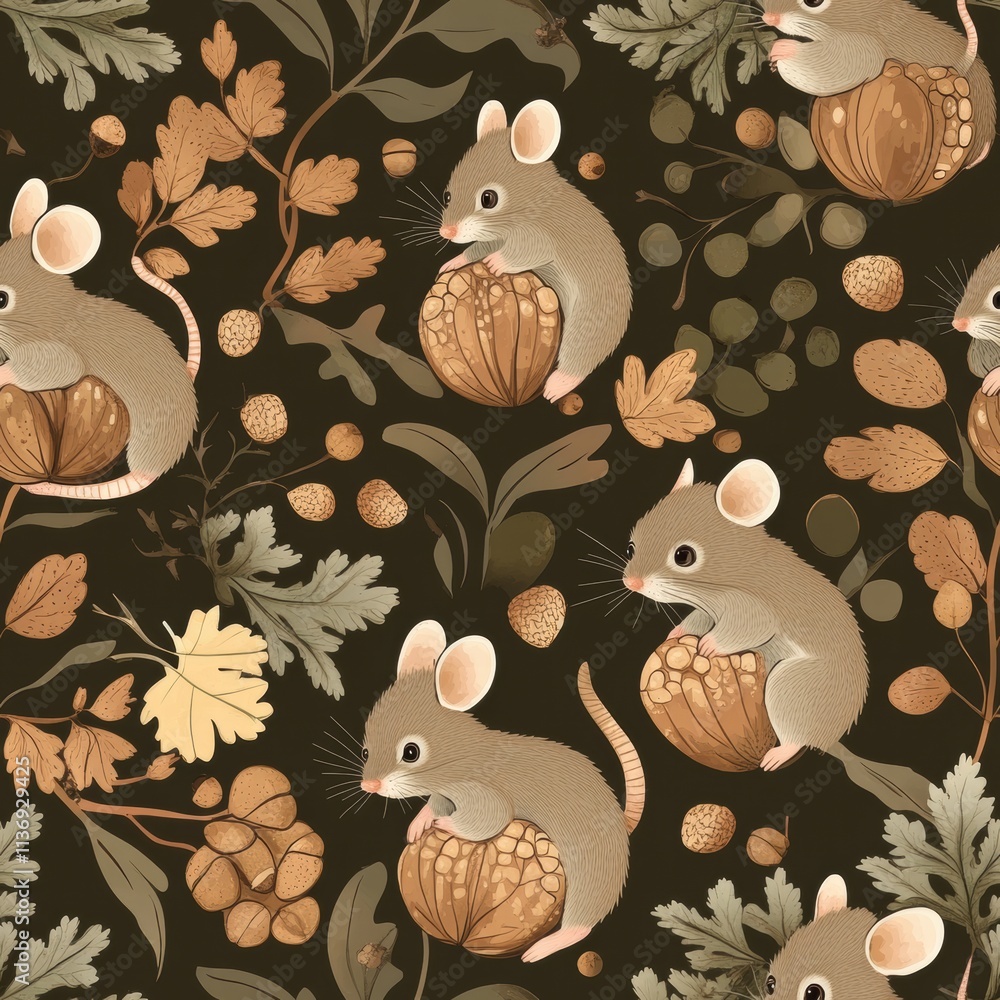 Aufkleber delightful scene features adorable mice interacting with acorns and leaves, capturing the essence of