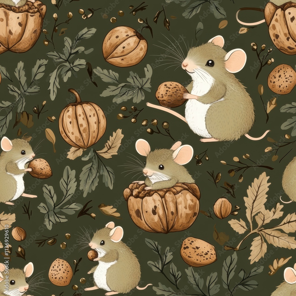 Poster delightful design showcases adorable mice engaging with nuts and foliage, creating a whimsical and c