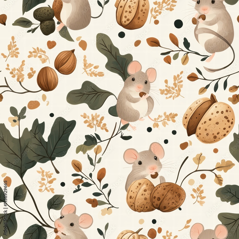 Poster delightful scene captures playful mice interacting with various nuts and leaves, creating a cozy and