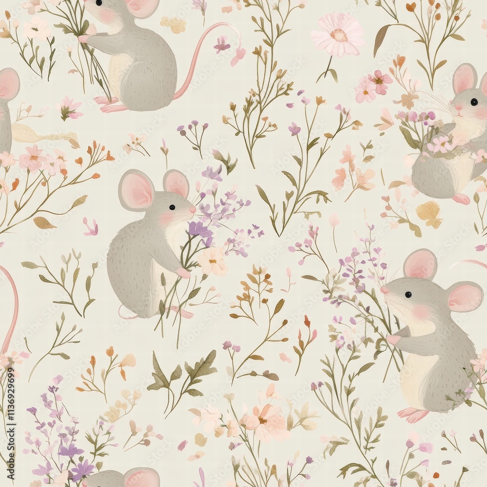 Poster charming little mice playfully collect colorful wildflowers amidst a backdrop of soft pastel tones i