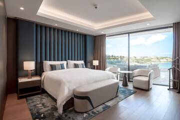 Modern hotel room with a bright and airy feel, a luxury hotel room. Example of a hotel room, modern...