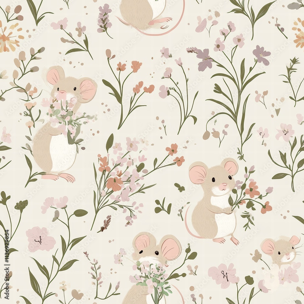 Poster delightful seamless pattern showcases cute mice surrounded by lush wildflowers, creating a whimsical
