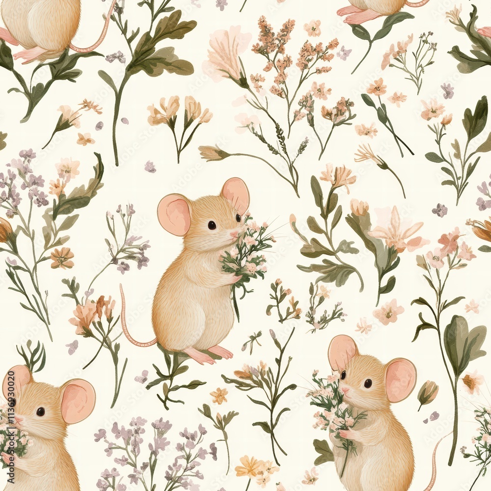Poster delight in the enchanting design where tiny mice hold blooms amidst an array of lush, colorful wildf