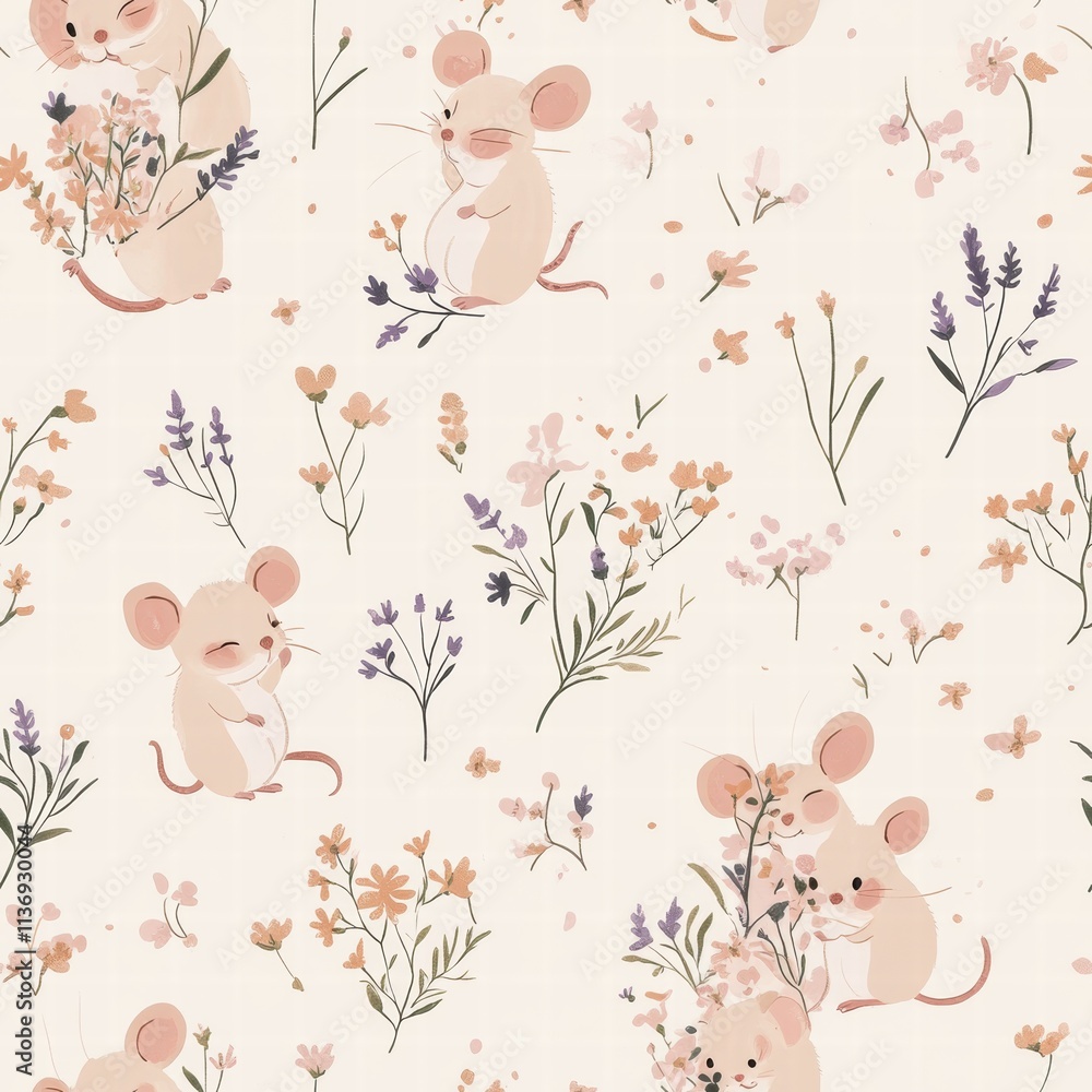 Poster playful mice interact with various flowers in soft pastel colors, creating a whimsical and delightfu
