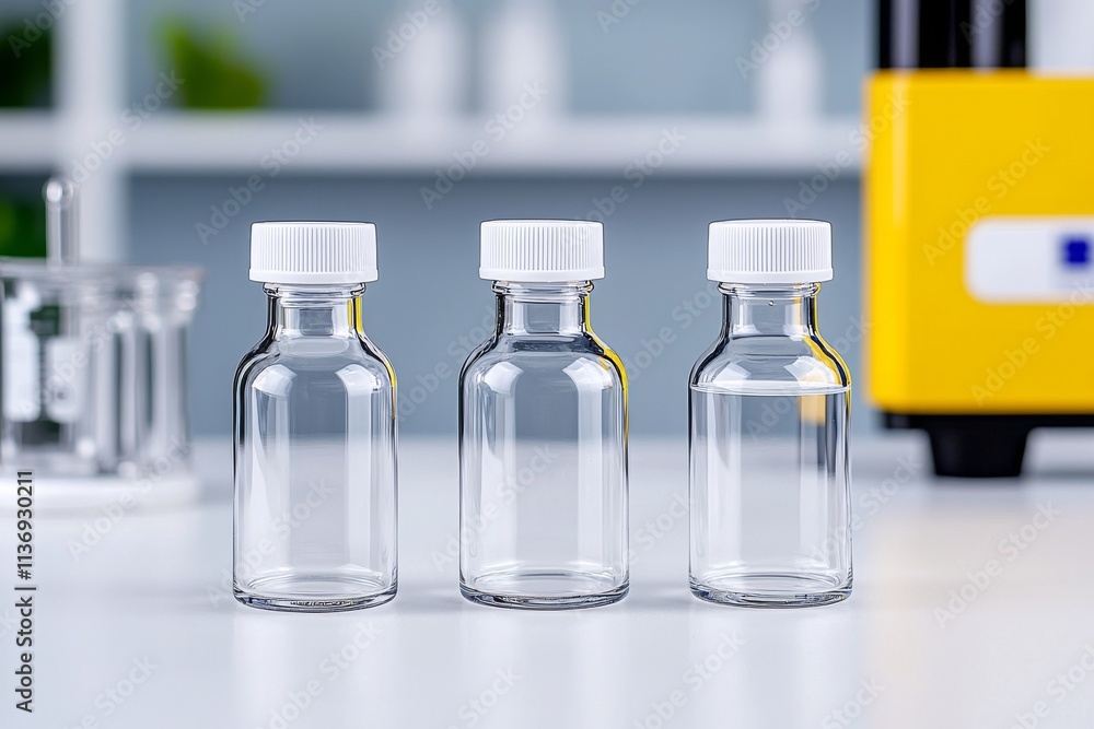 Poster several glass flasks were arranged in a row on a table, ready for experiments in a modern lab.