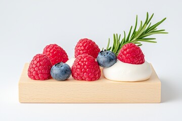 Mini Pavlova desserts garnished with fresh berries and rosemary, displayed on a white marble table with flowers in a glass vase, set against a white wall.