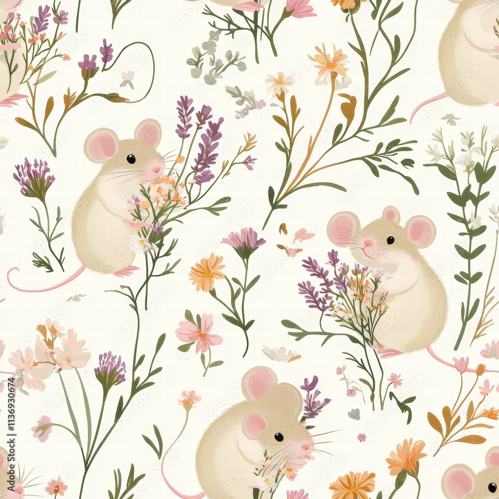Poster charming little mice explore a vibrant meadow filled with colorful wildflowers, creating a playful a