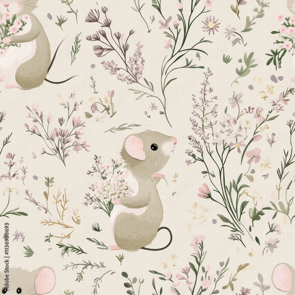 Poster whimsical mice playfully interact with gentle floral designs, creating a serene and enchanting atmos