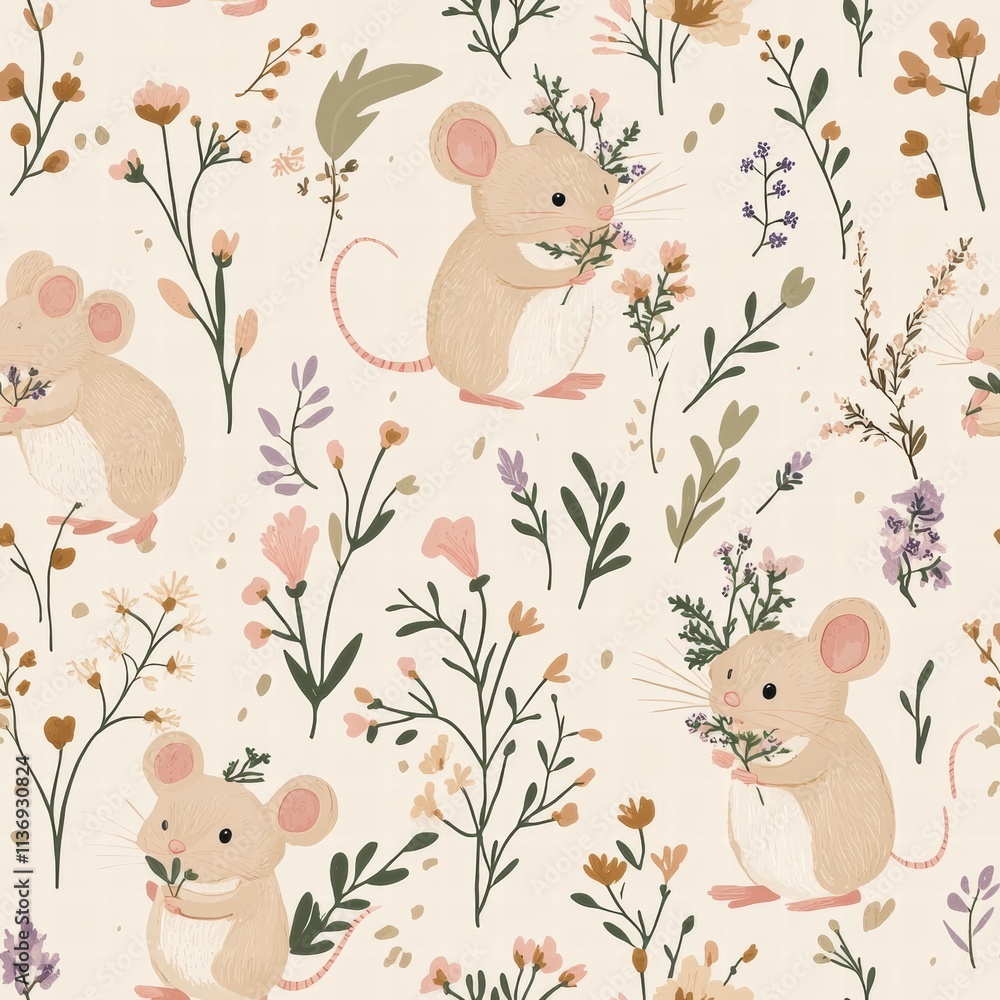 Poster charming little mice joyfully collect colorful flowers amid a backdrop of playful botanical illustra