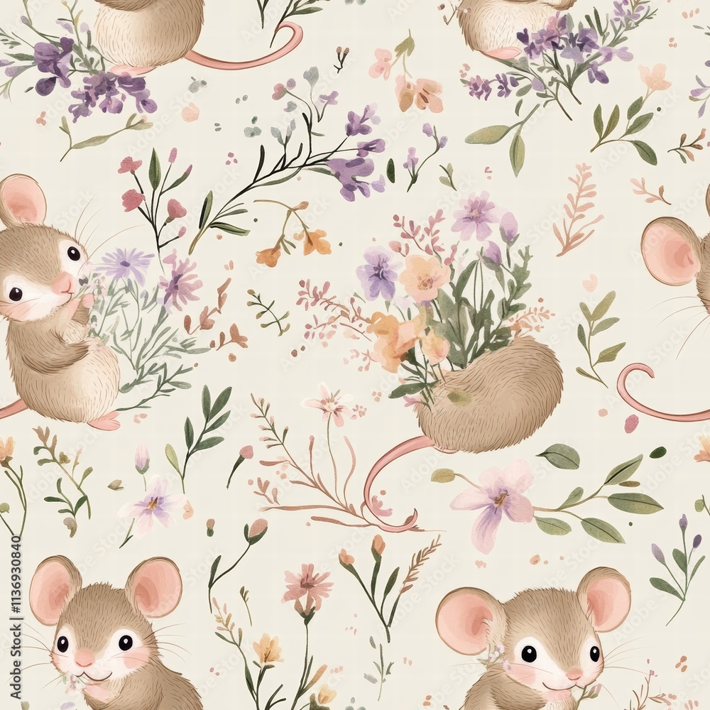 Aufkleber charming mice interact playfully with colorful blooms in a seamless design, creating a cheerful and 