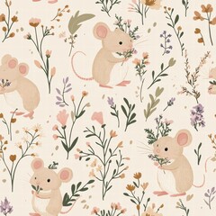 Charming little mice joyfully collect colorful flowers amid a backdrop of playful botanical illustrations, creating a whimsical atmosphere. Generative AI