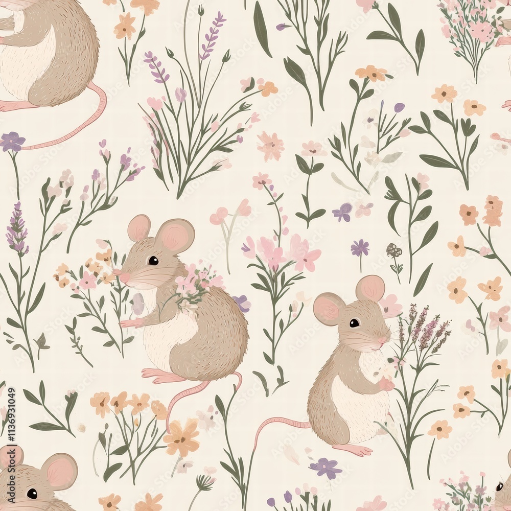 Aufkleber whimsical mice frolic among an array of colorful wildflowers, creating a delightful pattern that bri