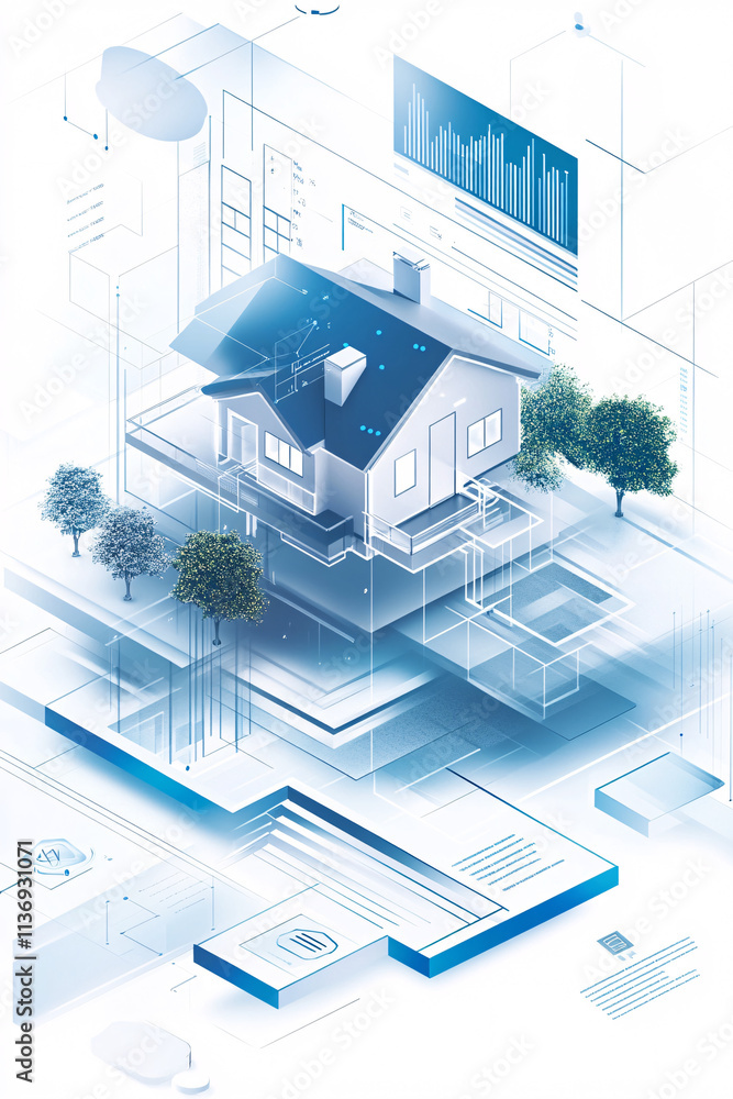 Poster illustration of a virtual property search engine, with a floating house icon, digital filters, and p