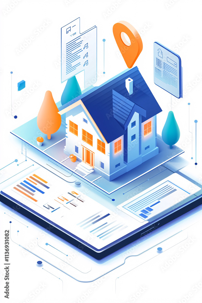Poster illustration of a virtual property search engine, with a floating house icon, digital filters, and p