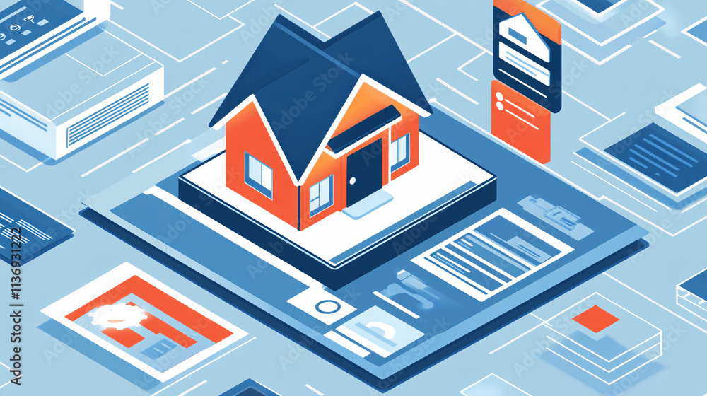 Poster illustration of a virtual property search engine, with a floating house icon, digital filters, and p