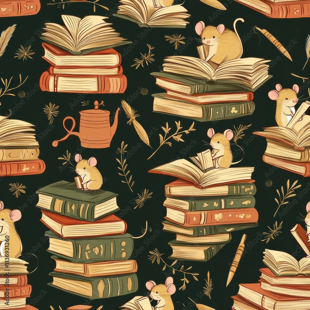 Poster delightful little mice playfully interact with stacks of colorful books among charming botanical ele