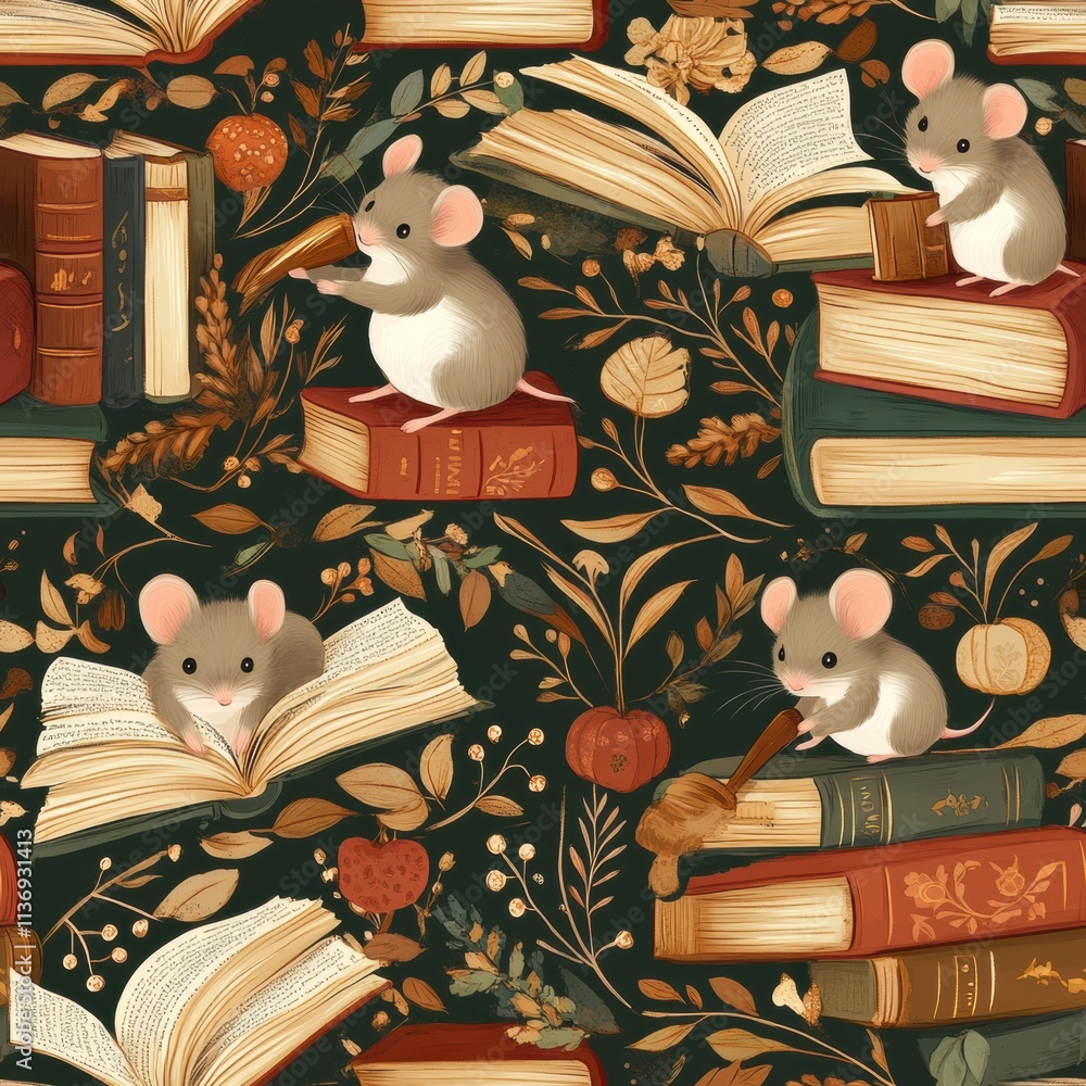 Aufkleber delightful mice explore a collection of books, nibbling on pages and using quills, surrounded by aut