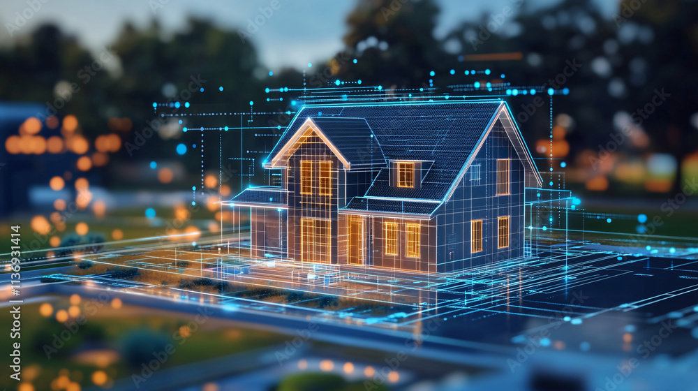 Poster modern home blueprint icon overlaid with digital data points and marketing elements for online real 