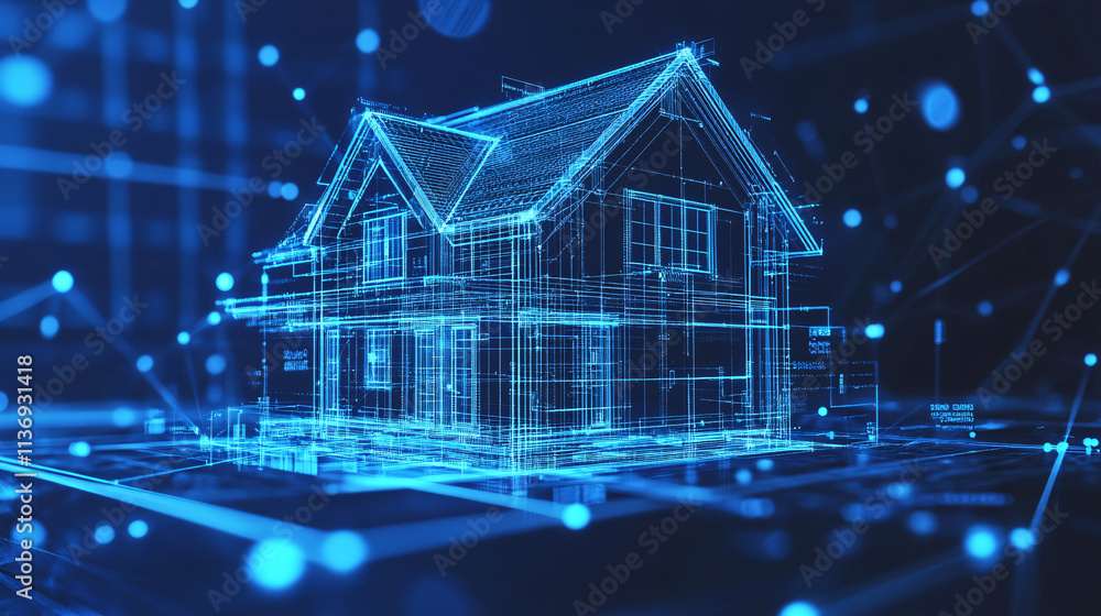 Poster modern home blueprint icon overlaid with digital data points and marketing elements for online real 