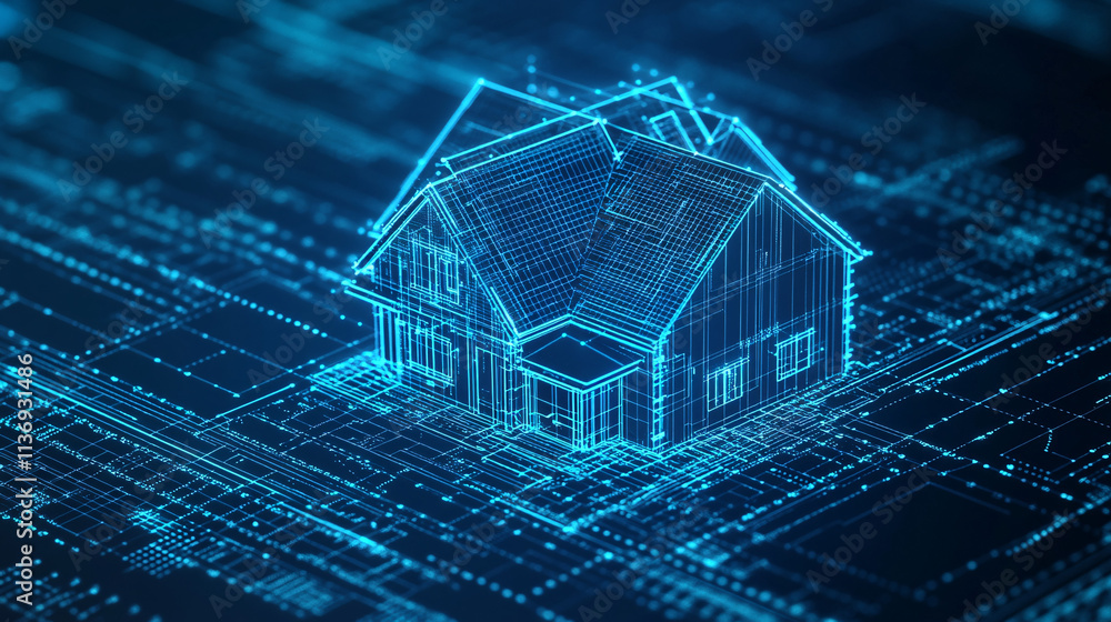 Poster modern home blueprint icon overlaid with digital data points and marketing elements for online real 