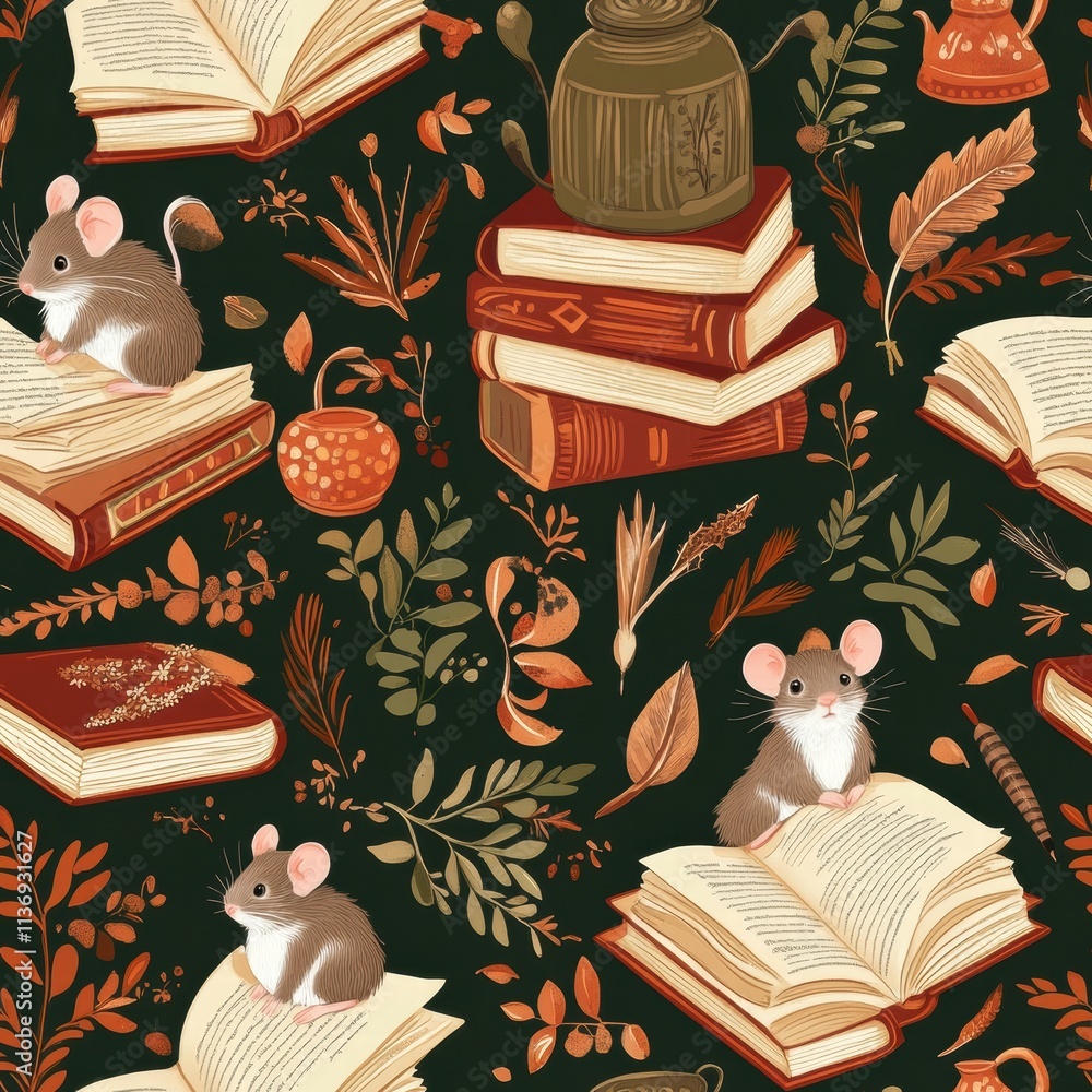 Poster charming woodland mice interact with vintage books, surrounded by botanical elements, creating a del