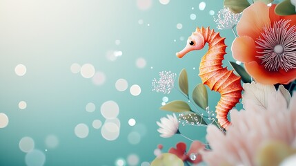 Naklejka premium A painting of a sea horse against a blue backdrop, featuring white and pink flowers in the foreground