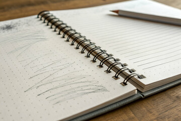 A blank spiral notebook lies open on a wooden surface, featuring pencil marks and lined pages, ideal for notes and sketches.
