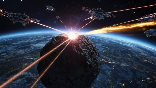Spaceships defending earth from asteroid impact