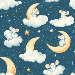 Charming little mice playfully rest on fluffy clouds, surrounded by shining stars and crescent moons in a magical night scene. Generative AI