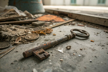 An old, rusty key lies on a dusty floor among debris, evoking a sense of neglect and mystery in an abandoned space.
