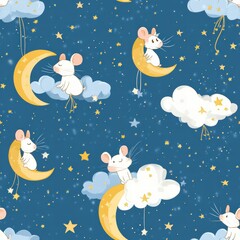 Delightful mice rest on crescent moons and dreamy clouds, surrounded by twinkling stars, creating a soothing nighttime atmosphere. Generative AI
