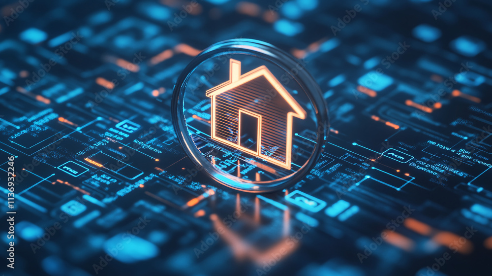 Poster virtual home search icon with a magnifying glass and data streams representing online property brows