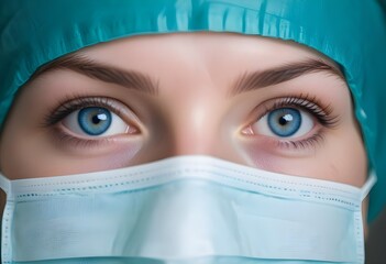 A close-up of a young Caucasian woman's eyes, wearing a surgical mask. The woman has bright blue eyes and appears to be in a medical or healthcare setting