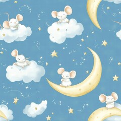 Dreamy mice lounge on soft clouds while twinkling stars surround them, inspiring feelings of calm and enchantment in a seamless design. Generative AI