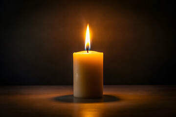 A single, glowing candle emits a warm flame against a dark background, creating a serene and calming atmosphere.