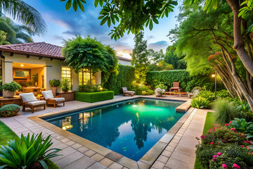 Obraz premium A serene backyard oasis featuring a sparkling pool, lush greenery, and comfortable seating, perfect for relaxation and outdoor gatherings.
